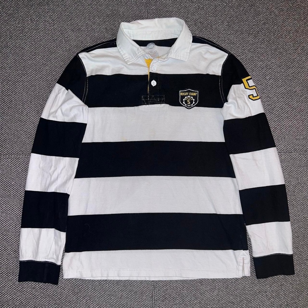Rugby Champ Black/White Striped Long Sleeve Rugby Polo Shirt Size XL 14-16